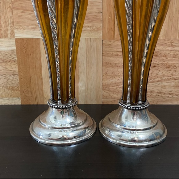 Rare Vintage MCM Mid Century Modern Amber Silver-plate Caged Candle Holder Set - Picture 4 of 12